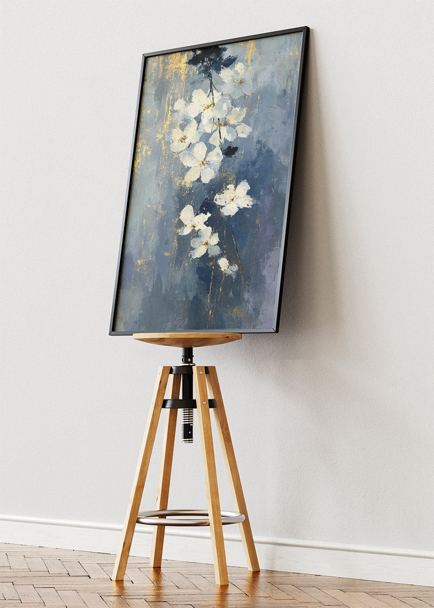 Blue & Gold Floral Wall Art – Elegant White Blossom Canvas Print | Textured Botanical Portrait Poster