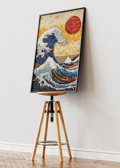 Textured Mosaic Wave with Red Sun – Japanese Inspired Ocean Wall Art – AI PRINT LAB