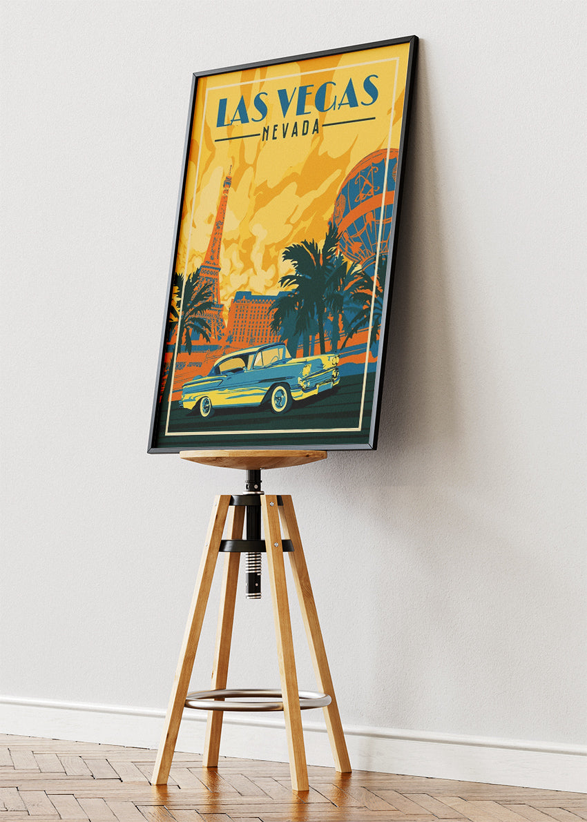 Las Vegas Nevada Poster & Canvas Print – Retro Strip & Classic Car Illustration