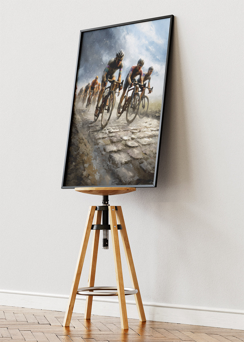 Cobbled Classics Cycling Art Print & Canvas – Peloton in the Storm