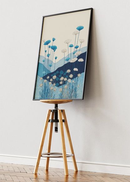 Blue Meadow Botanical Wall Art – Minimalist Floral Landscape Canvas Print | Modern Nature Portrait Poster