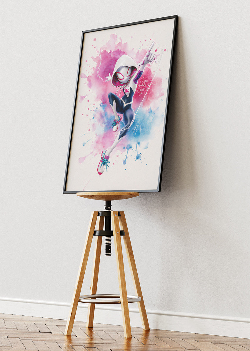 Spider-Gwen – Watercolor Splash Action Canvas & Poster Print – AI PRINT LAB