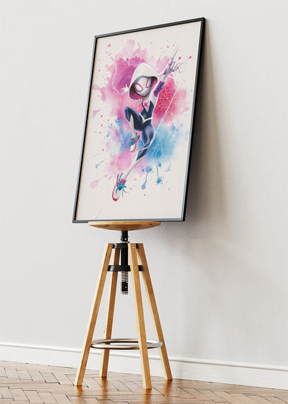 Spider-Gwen – Watercolor Splash Action Canvas & Poster Print – AI PRINT LAB