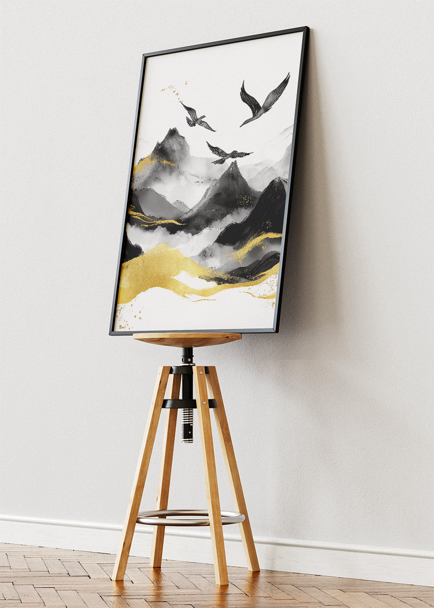 Minimal Black & Gold Mountain Landscape – Elegant Crane Wall Art – AI PRINT LAB