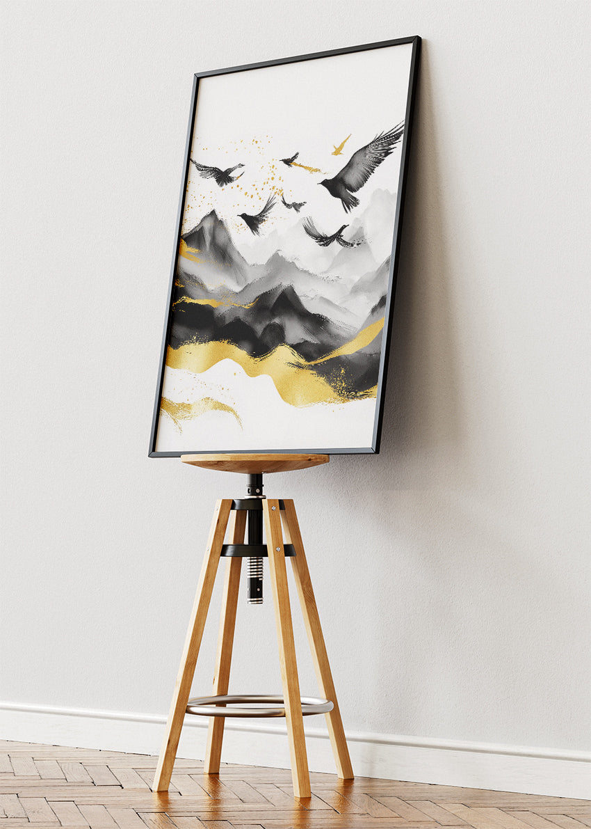 Black & Gold Flying Birds Over Mountains – Minimalist Luxury Wall Art – AI PRINT LAB
