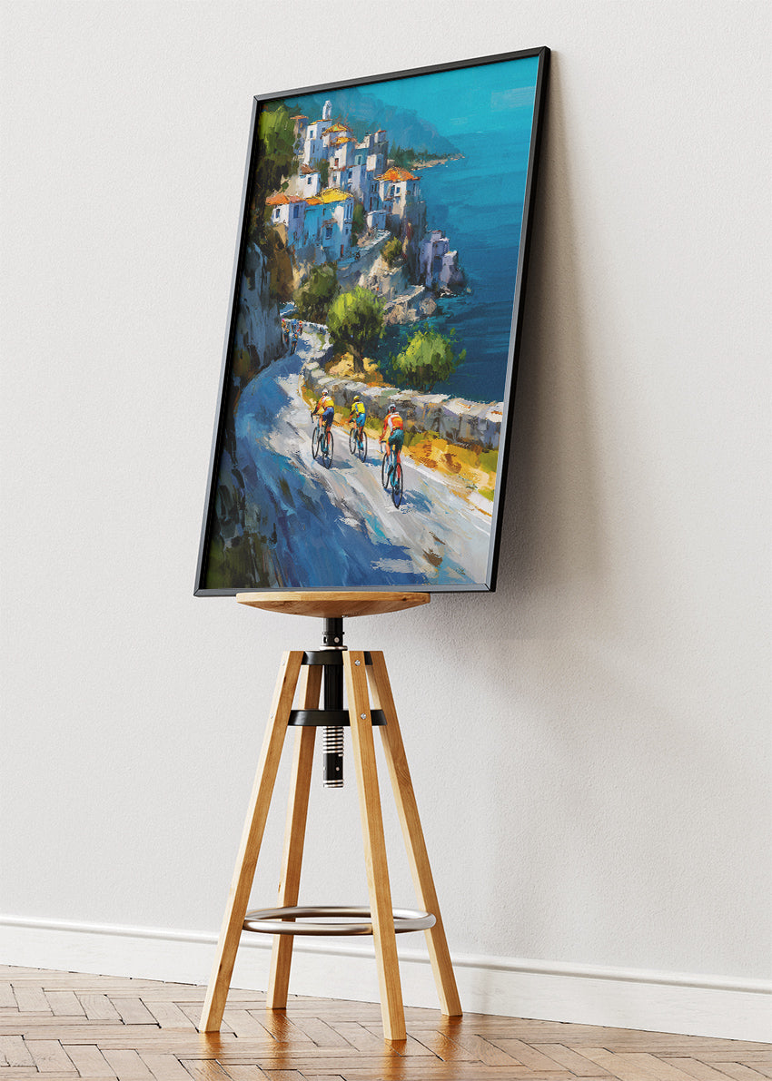 Cliffside Coastal Cycling Art Print & Canvas – Riders Above the Mediterranean