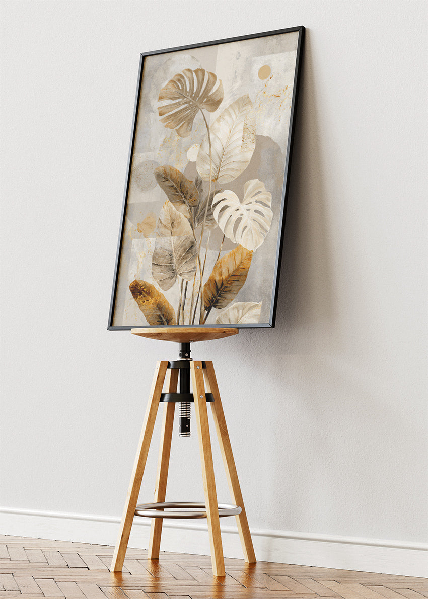 Neutral Tropical Leaf Wall Art – Beige & Gold Monstera Canvas Print | Modern Botanical Portrait Poster
