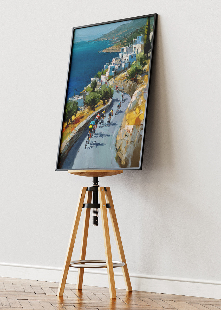 Mediterranean Descent Cycling Art Print & Canvas – Riders Along the Coastal Road