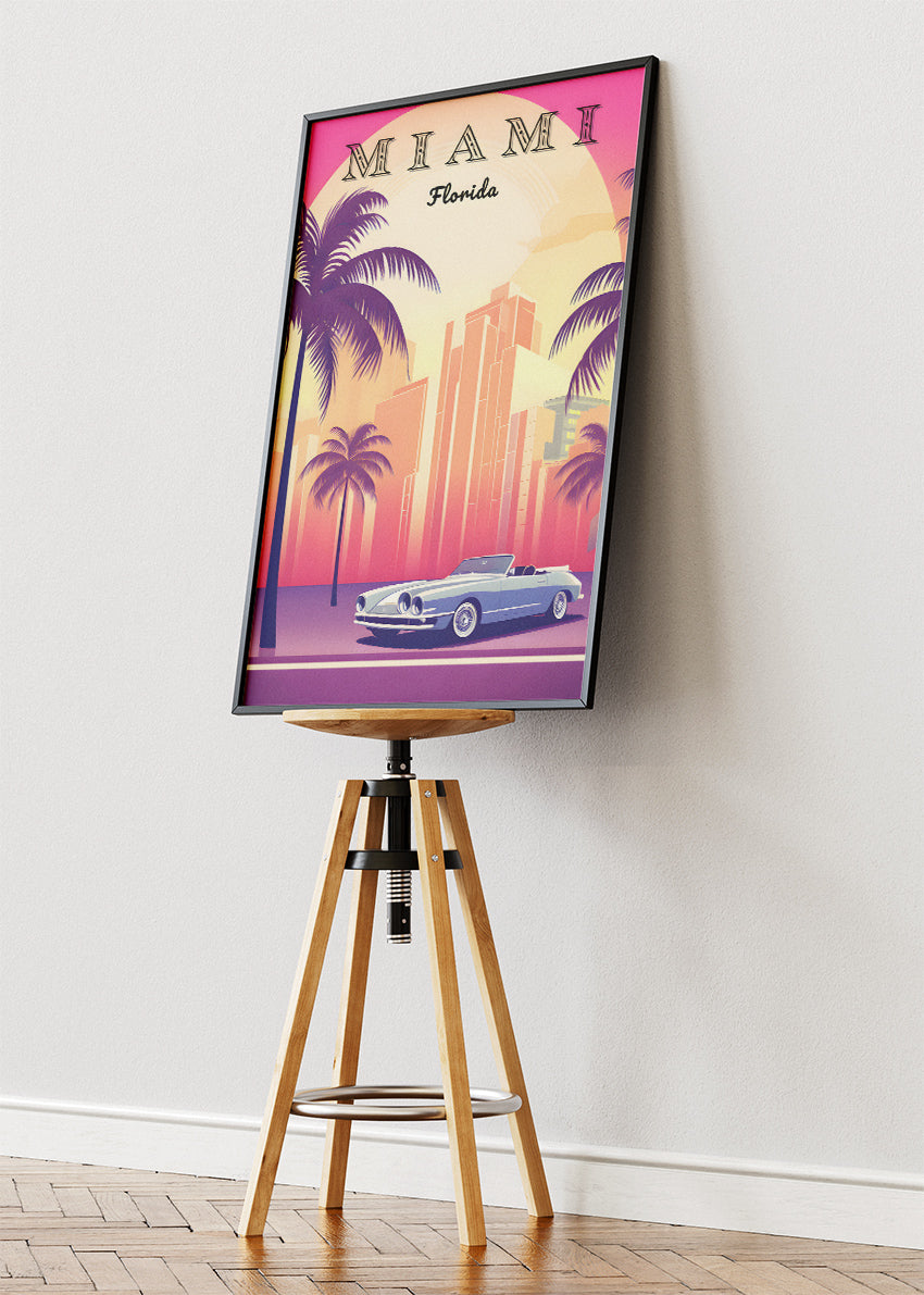 Miami Florida Poster & Canvas Print – Retro Sunset Skyline & Convertible Illustration