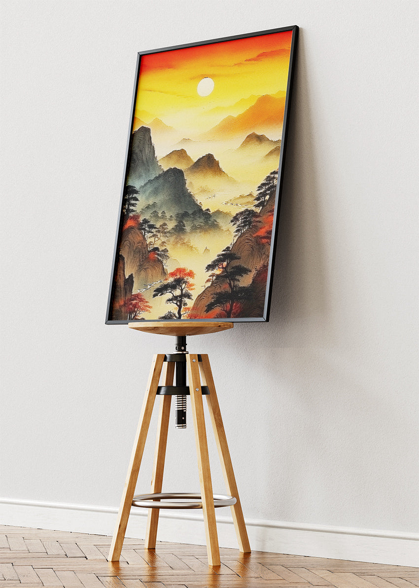 Golden Misty Mountain Sunrise – Asian Inspired Landscape Wall Art – AI PRINT LAB