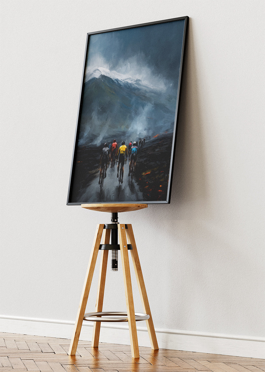 Volcanic Ascent Cycling Art Print & Canvas – Riders Through Ash and Storm