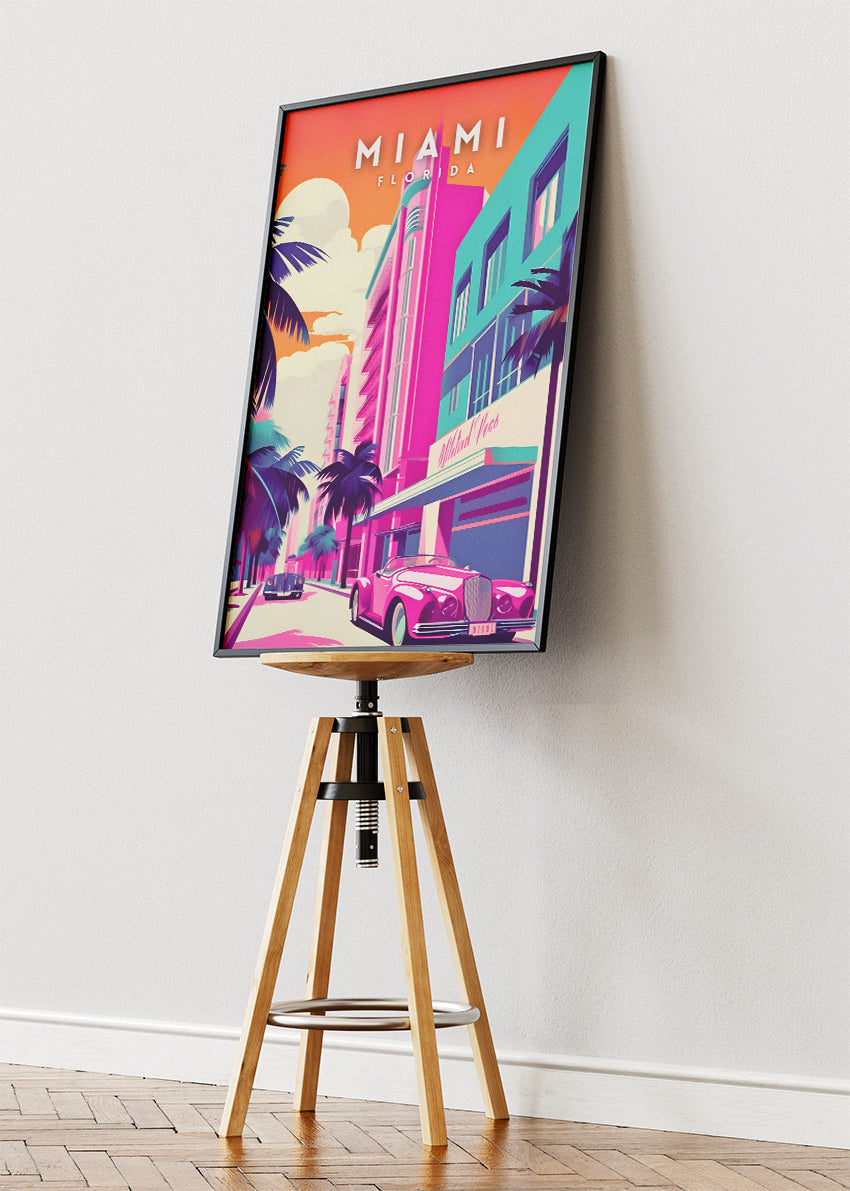 Miami Florida Poster & Canvas Print – Art Deco District & Retro Convertible Illustration