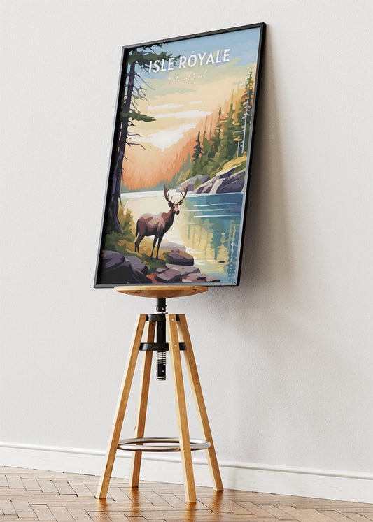 Isle Royale National Park Poster & Canvas Print – Moose by Lake Wilderness Landscape Wall Art