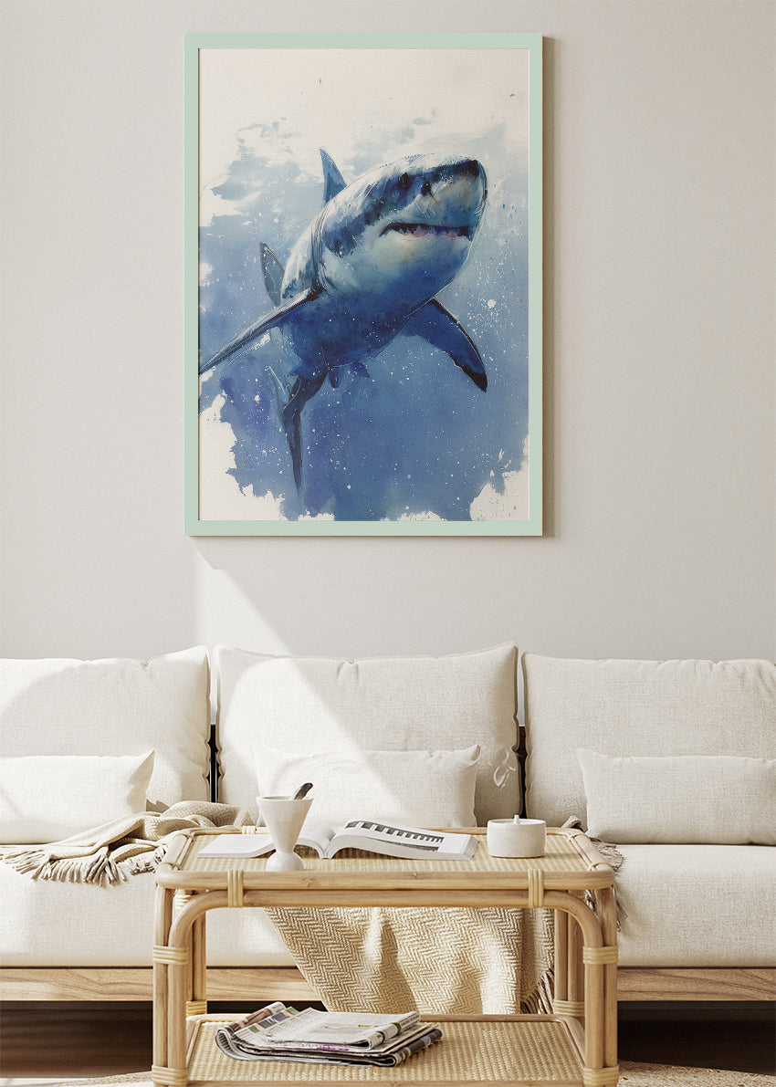 Blue Water Shark Poster & Canvas Print – Ocean Wildlife Watercolor Art