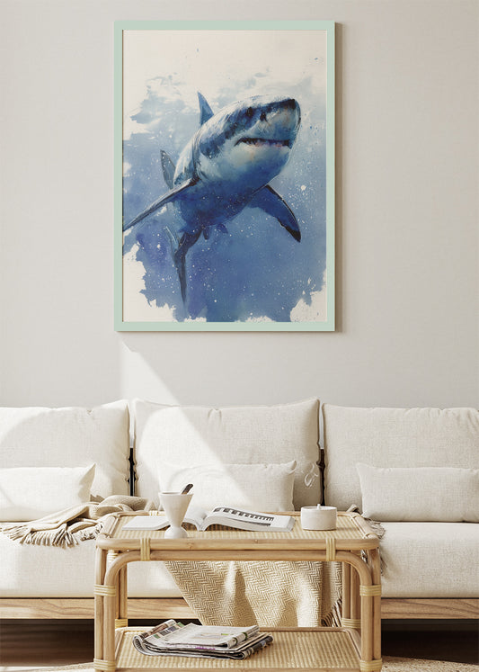 Blue Water Shark Poster & Canvas Print – Ocean Wildlife Watercolor Art