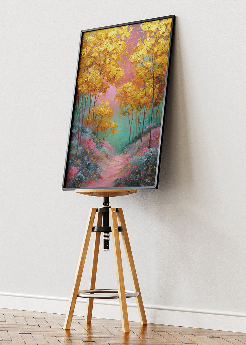Golden Autumn Path Wall Art – Vibrant Yellow Trees Canvas Print | Dreamy Forest Landscape Portrait Poster