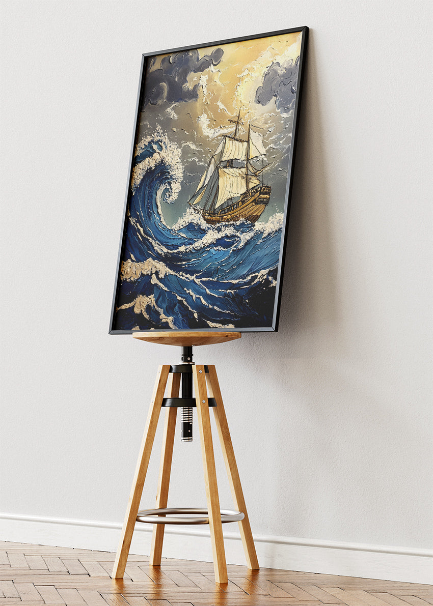 Stormy Ocean Sailing Ship – Dramatic Nautical Wave Wall Art – AI PRINT LAB