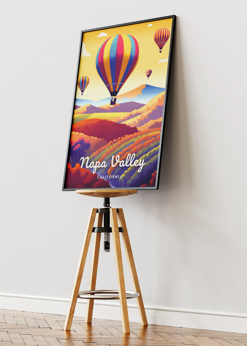 Napa Valley California Poster & Canvas Print – Hot Air Balloons & Vineyard Hills Illustration