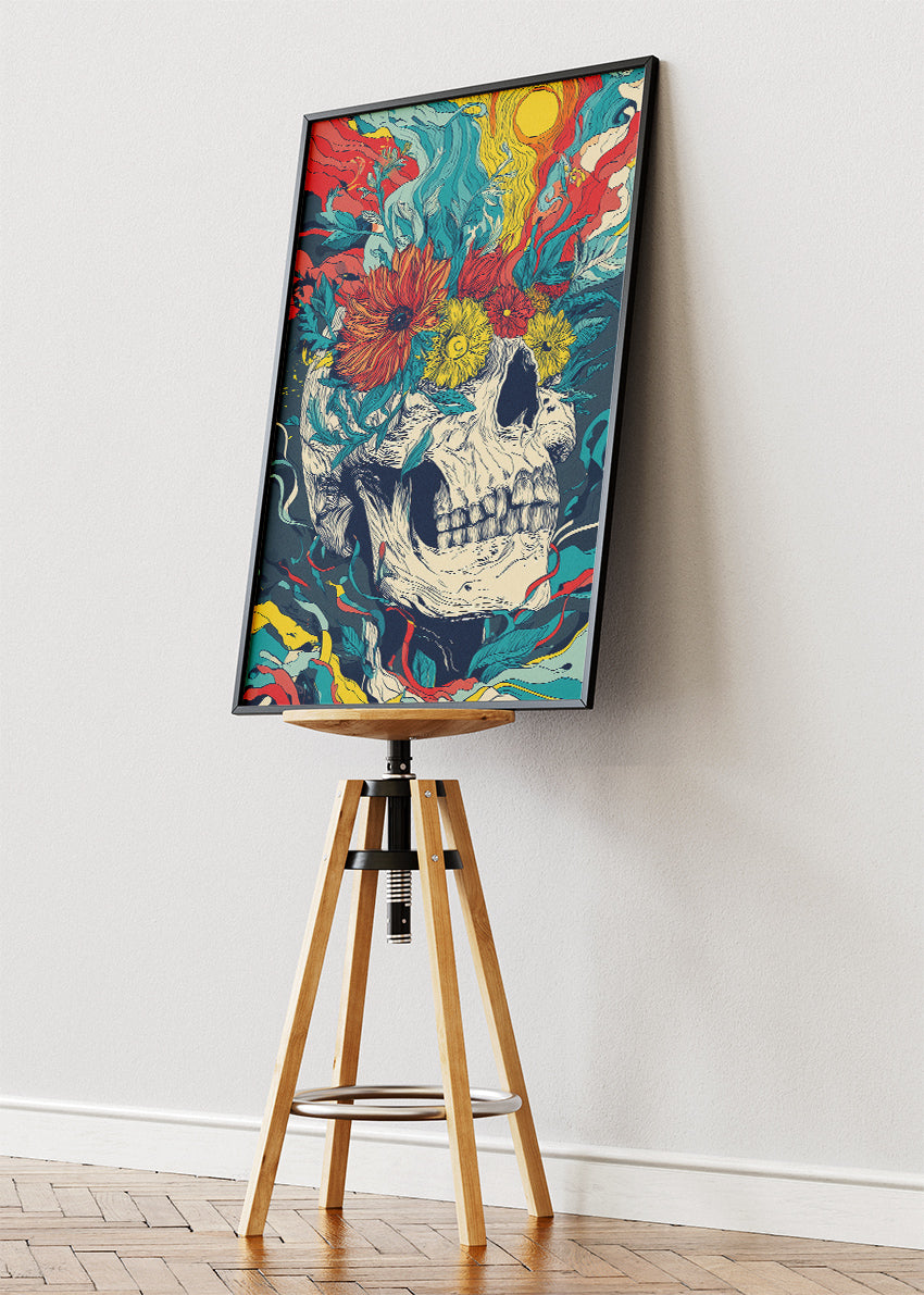 Psychedelic Skull Floral Wall Art – Vibrant Abstract Canvas Print | Bold Surreal Portrait Poster