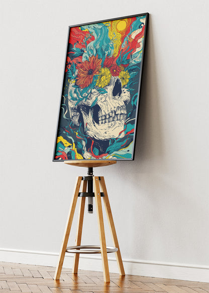 Psychedelic Skull Floral Wall Art – Vibrant Abstract Canvas Print | Bold Surreal Portrait Poster