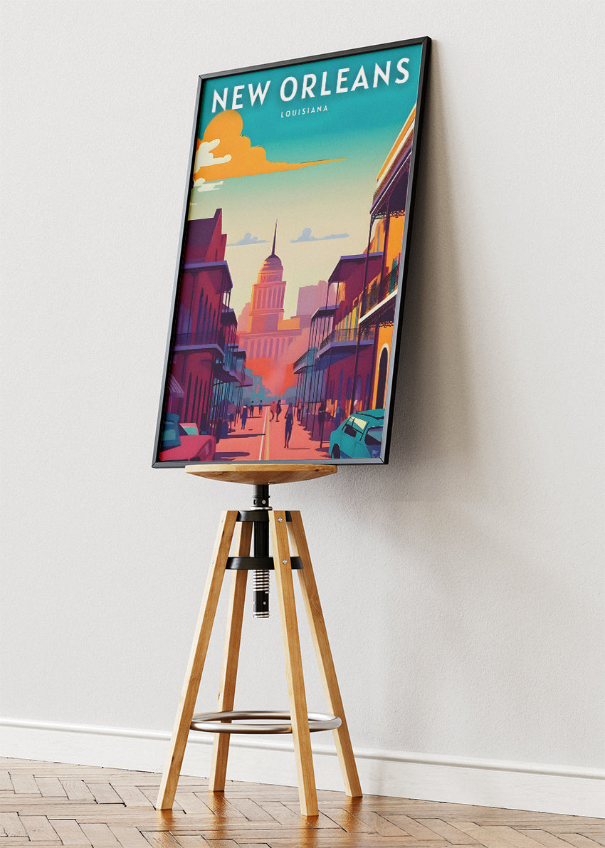 New Orleans Louisiana Poster & Canvas Print – French Quarter Street & Skyline Illustration