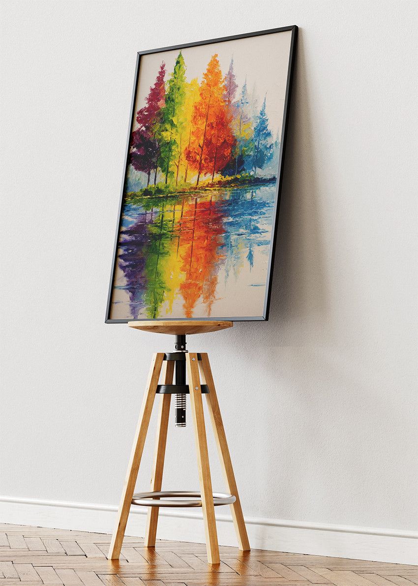 Colorful Autumn Reflection Wall Art – Vibrant Rainbow Trees Canvas Print | Modern Lake Landscape Portrait Poster