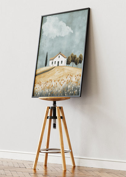 Minimalist Countryside House on Rolling Hills – Rustic Landscape Wall Art – AI PRINT LAB