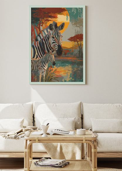 Zebra Family Poster & Canvas Print – African Safari Sunset Art