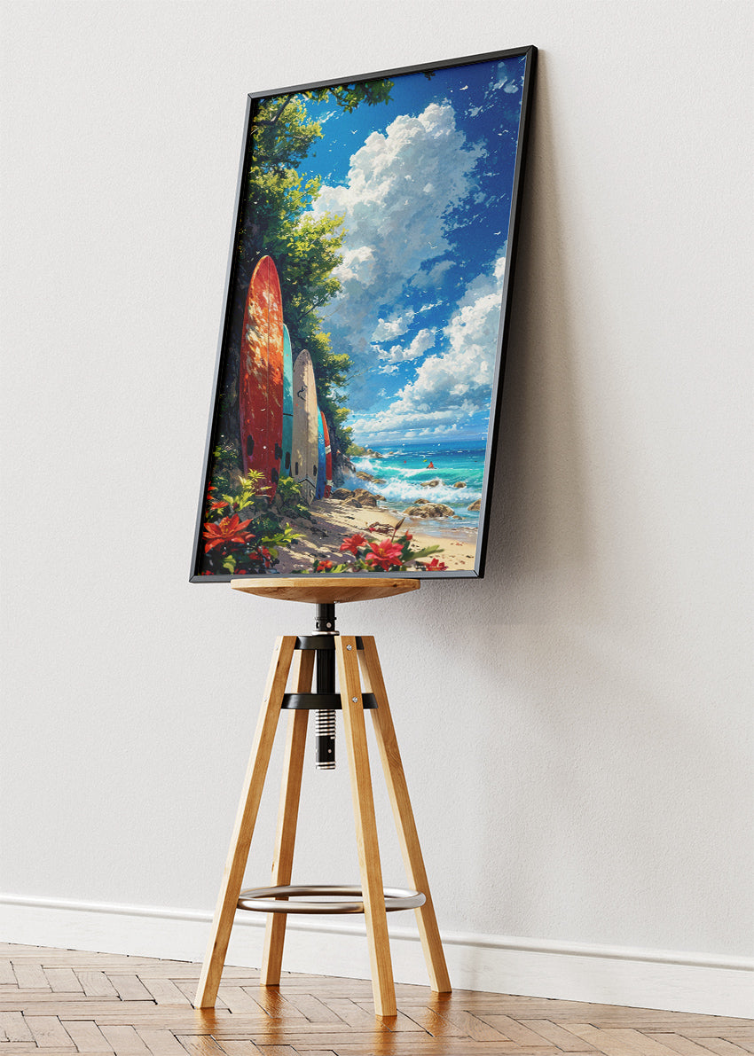 Tropical Surfboards by the Ocean – Coastal Beach Wall Art – AI PRINT LAB