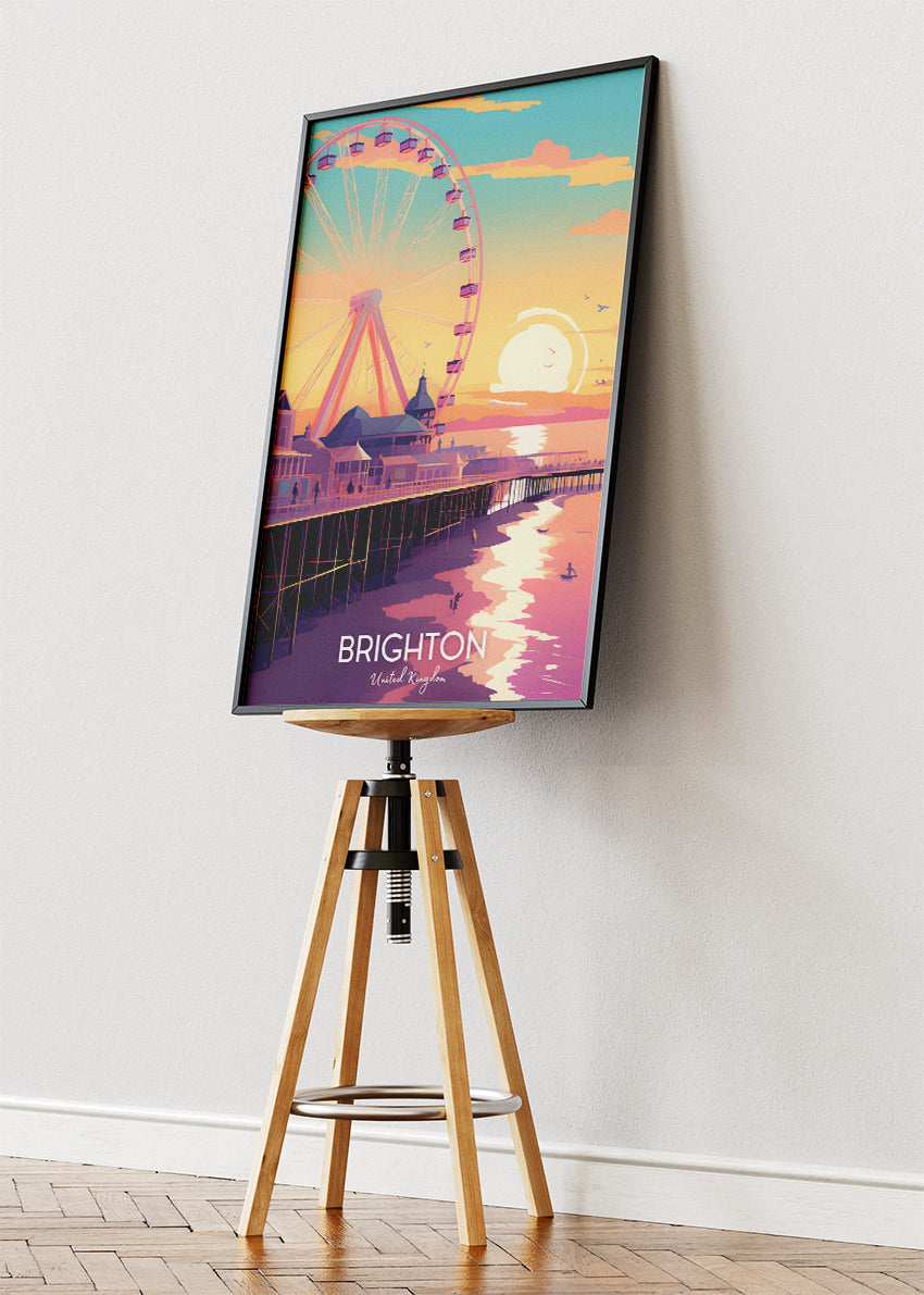 Brighton UK Poster & Canvas Print – Sunset Pier & Ferris Wheel Travel Art
