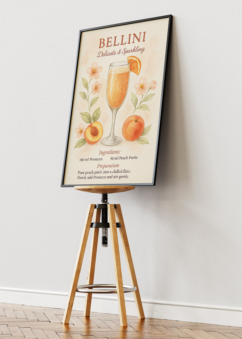 Bellini Watercolor Cocktail Poster & Canvas Print | Delicate Floral Bar Wall Art