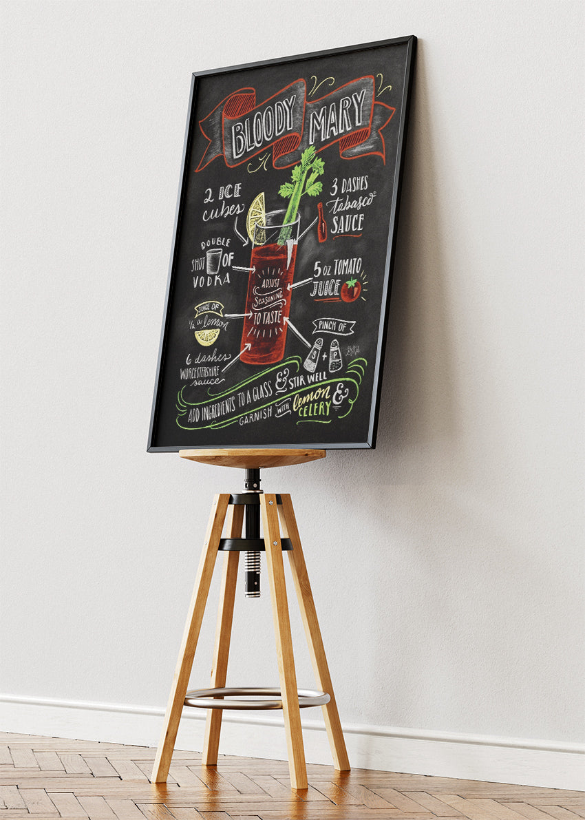 Bloody Mary Chalkboard Cocktail Poster & Canvas Print | Classic Recipe Bar Wall Art