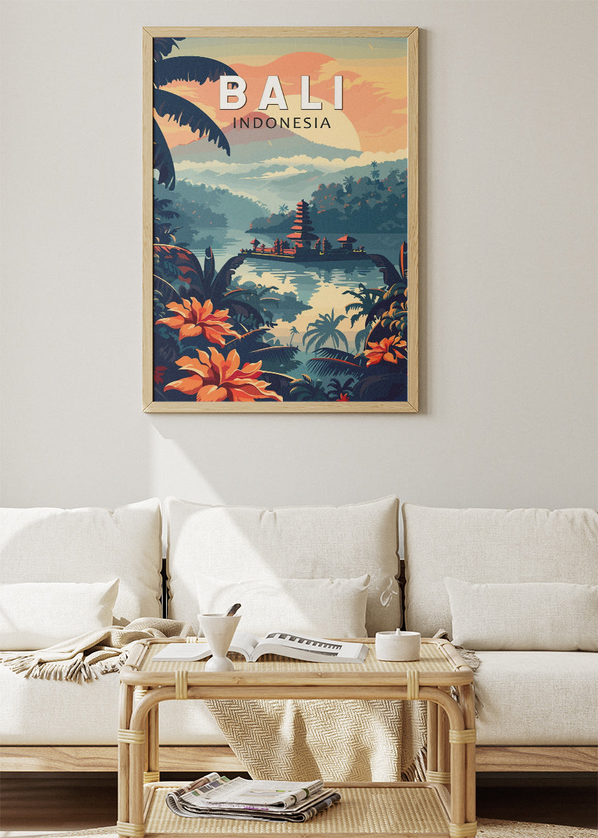 Bali Indonesia Tropical Jungle & Lake Temple Poster – Illustrated Travel Art