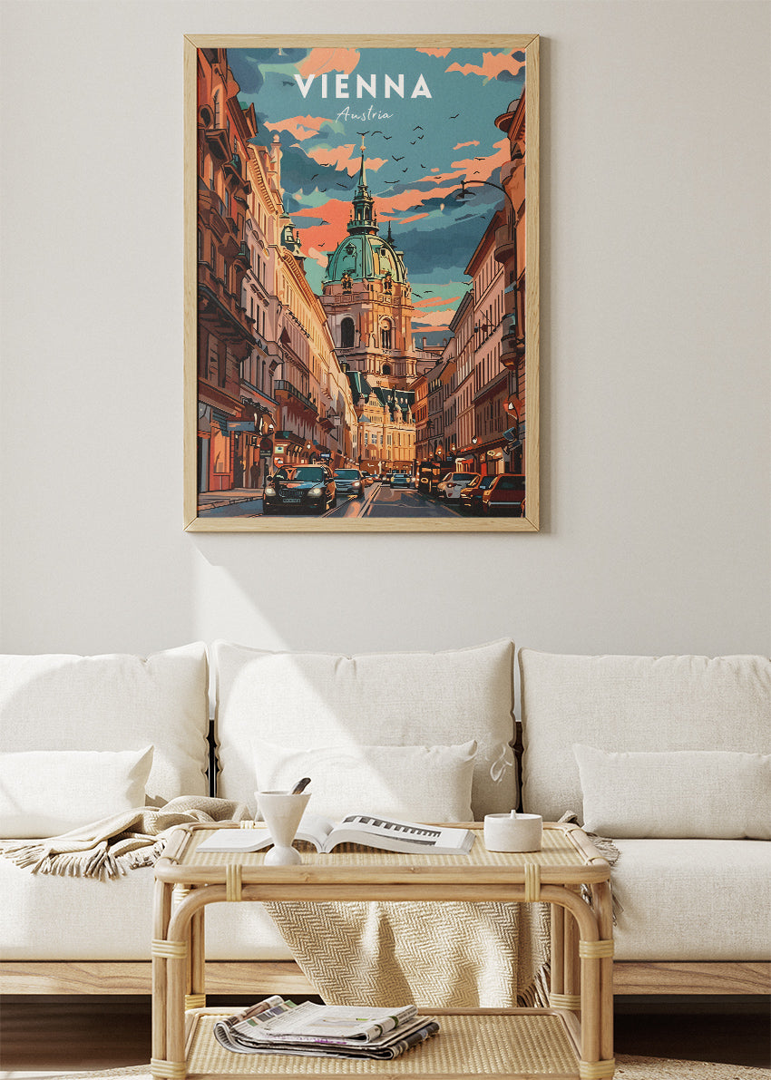 Vienna Austria Travel Poster & Canvas Wall Art – Historic City Street & Dome Illustration
