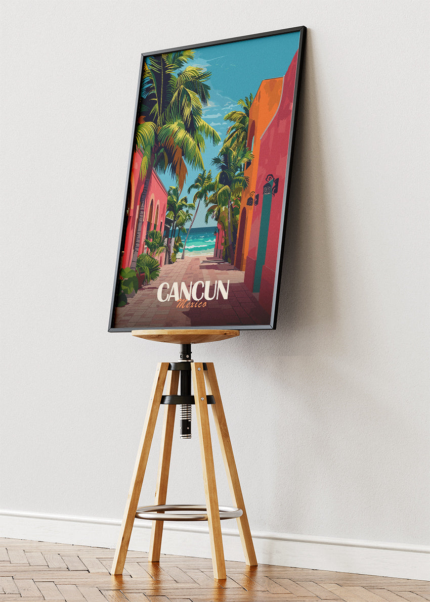 Cancun Mexico Poster & Canvas Print – Illustrated Tropical Street & Beach Art