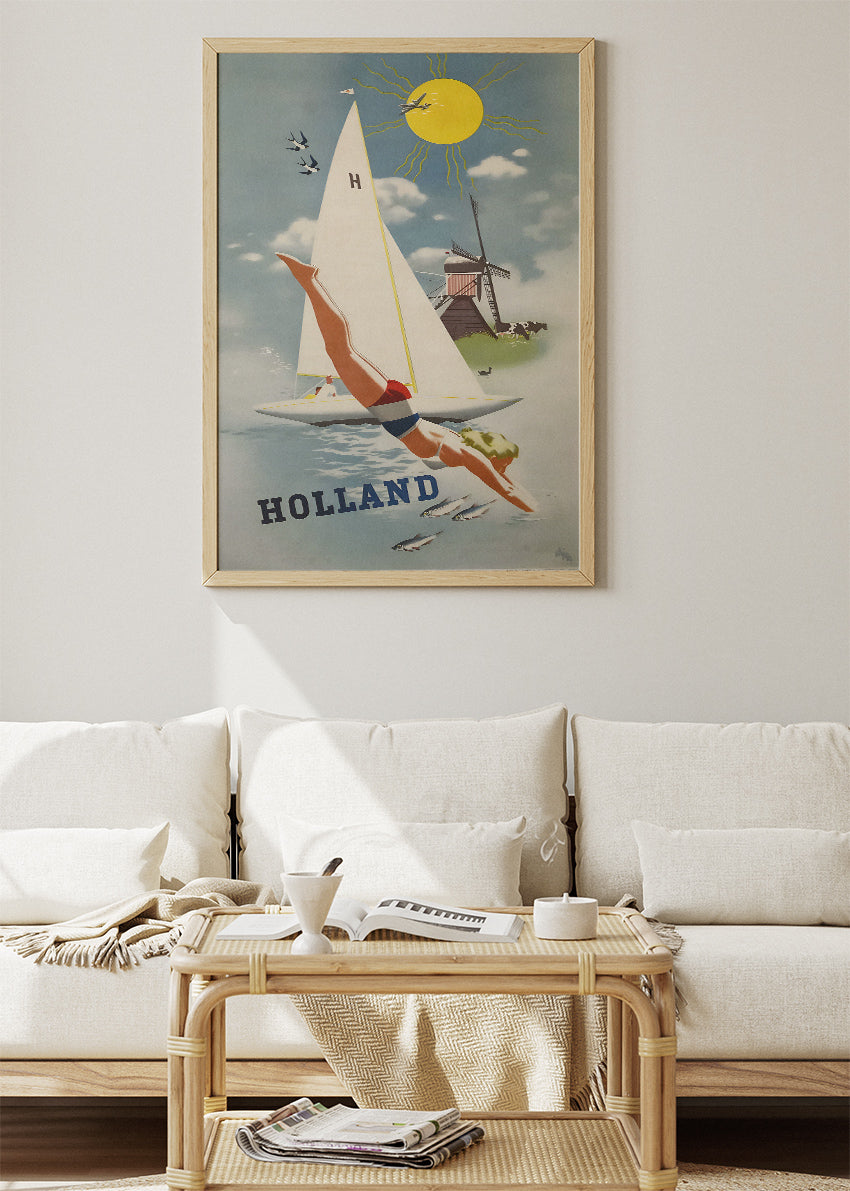 Holland Vintage Diving & Sailboat Poster & Canvas Print – Retro Dutch Travel Art