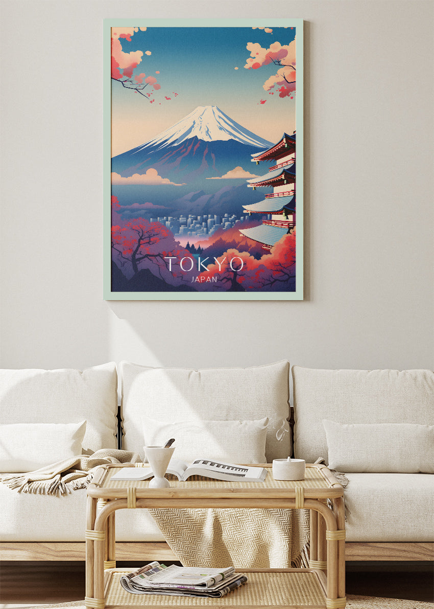 Tokyo Japan Poster & Canvas Print – Illustrated Mount Fuji & Pagoda Art