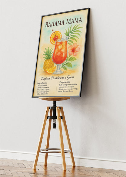 Bahama Mama Watercolor Cocktail Poster & Canvas Print | Tropical Botanical Bar Wall Art