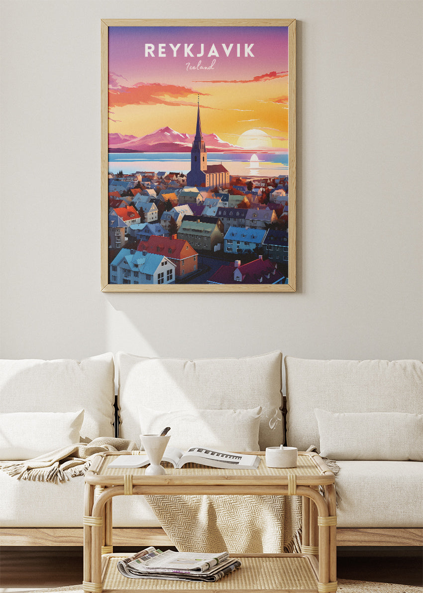 Reykjavik Iceland Sunset Skyline Poster & Canvas Print – Colorful Nordic Cityscape Wall Art