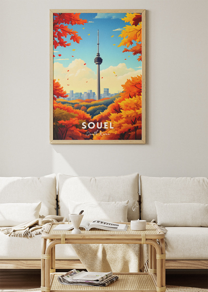 Seoul South Korea Travel Poster & Canvas Print – Autumn Cityscape Illustration Wall Art