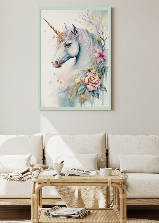 Elegant Unicorn Poster & Canvas Print – Pastel Fantasy Floral Art