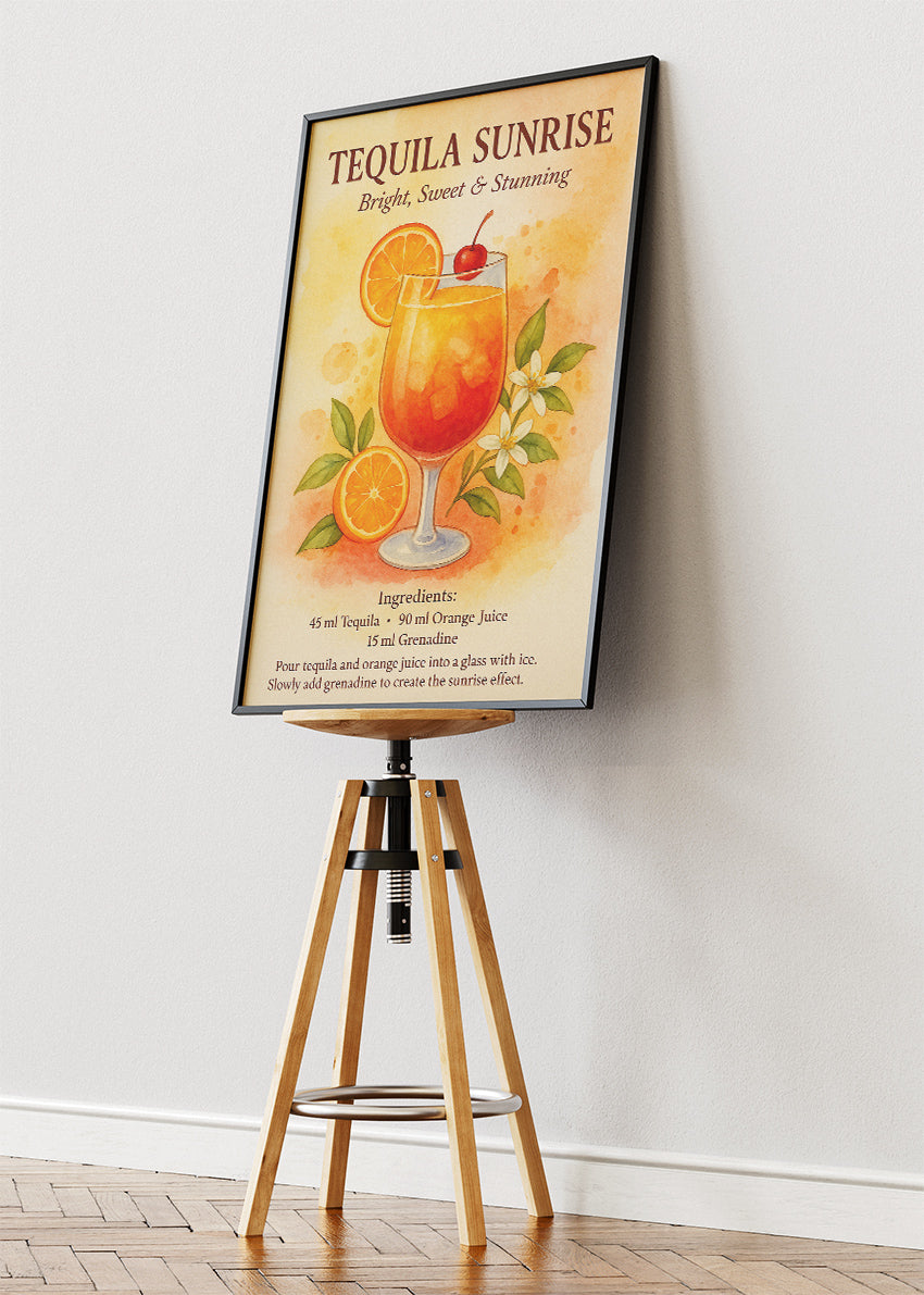 Tequila Sunrise Watercolor Poster & Canvas Print | Botanical Cocktail Wall Art