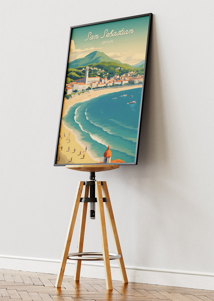 San Sebastian Spain Poster & Canvas Print – Vintage Coastal Beach Illustration Art