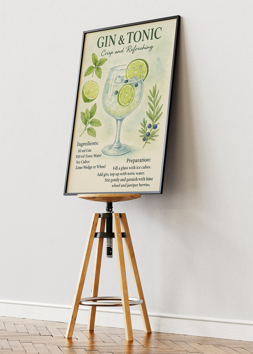 Gin & Tonic Watercolor Botanical Poster & Canvas Print | Elegant Kitchen Wall Art