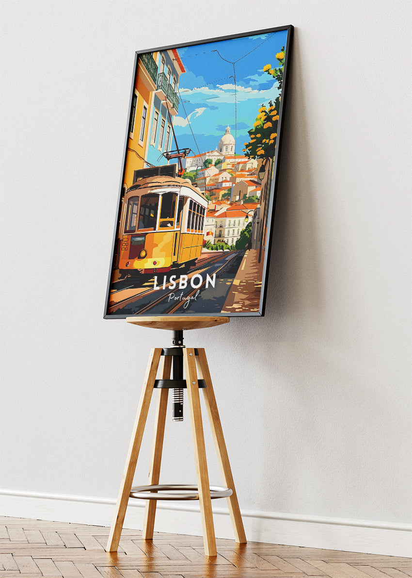 Lisbon Portugal Poster & Canvas Print – Vintage Illustrated Tram Travel Art