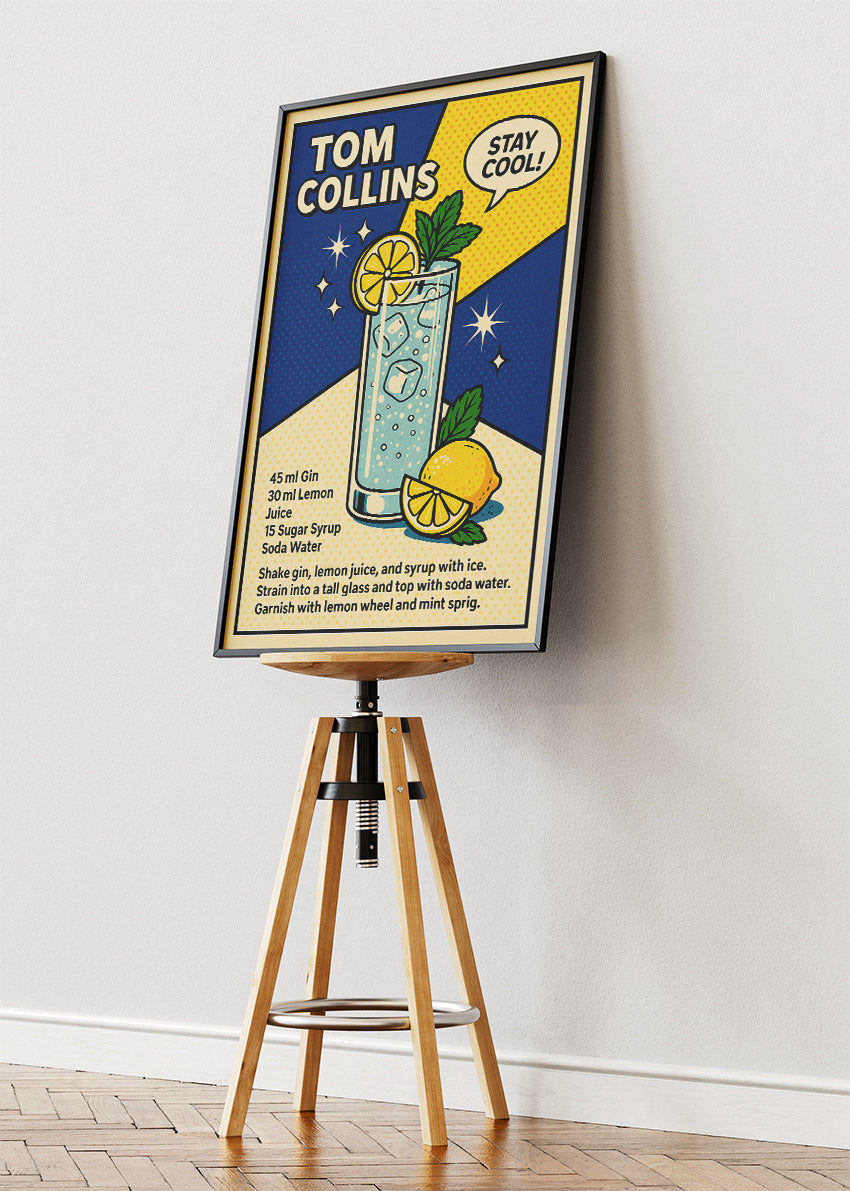 Tom Collins Pop Art Cocktail Poster & Canvas Print – Retro Gin Drink Wall Art – AI PRINT LAB