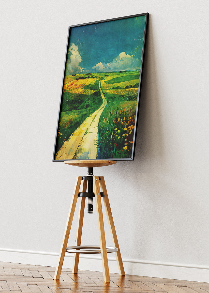 Countryside Path Through Green Fields – Vibrant Rural Landscape Wall Art Poster & Canvas – AI PRINT LAB