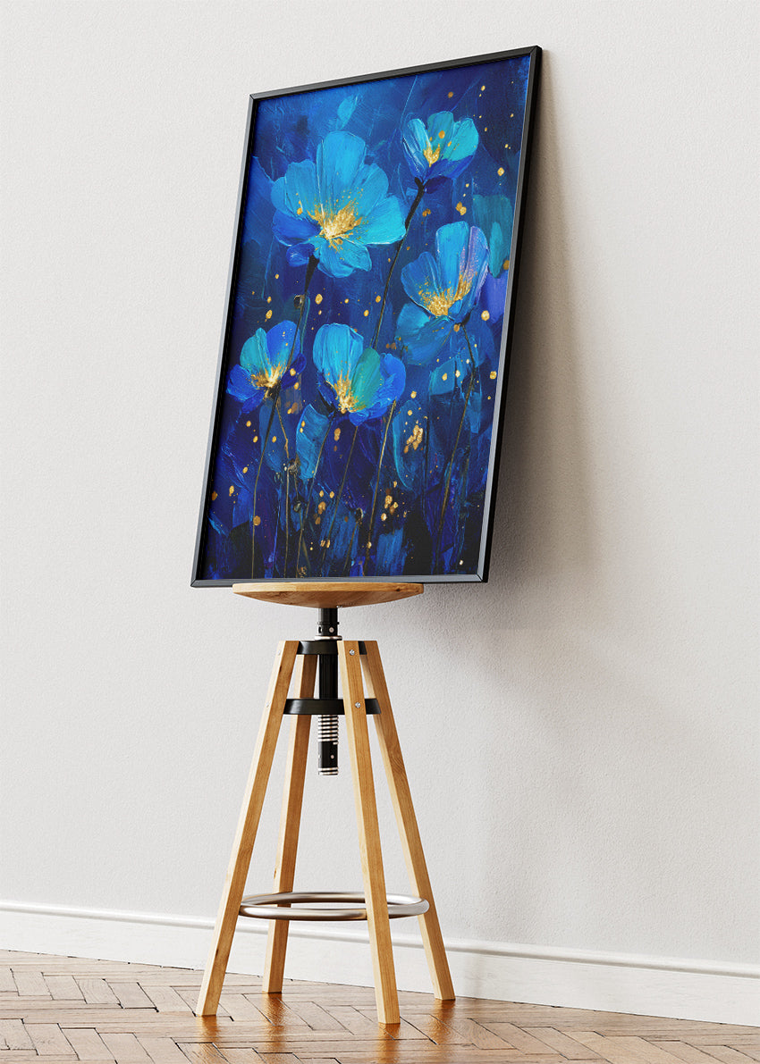 Midnight Blue Floral Wall Art – Gold Accent Blossom Canvas Print | Elegant Modern Portrait Poster