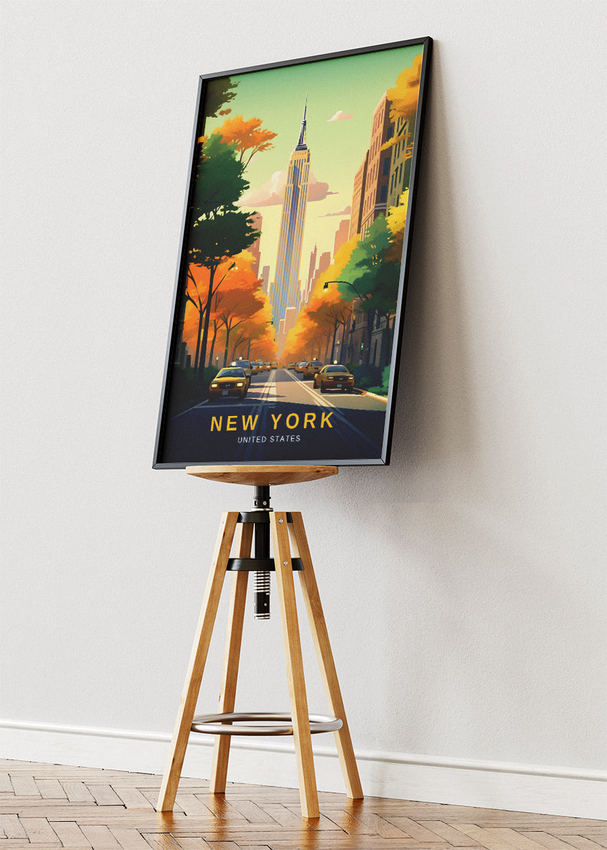 New York United States Poster & Canvas Print – Empire State Building Autumn Avenue Illustration