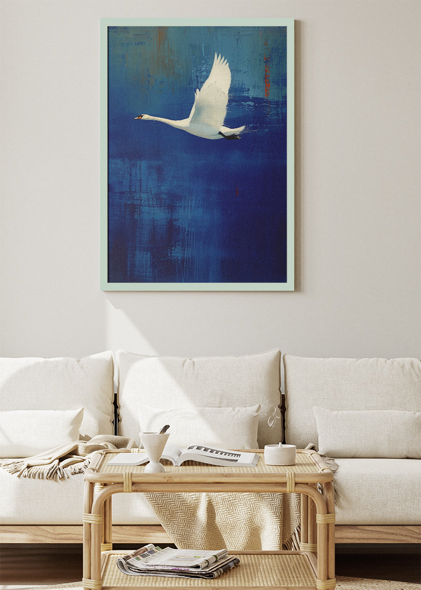 Elegant Flying Swan Canvas Print & Poster – Minimalist Blue Bird Wall Art – AI PRINT LAB